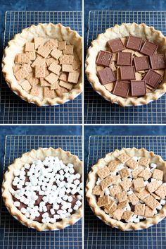 four pictures showing how to make a pie crust with marshmallows