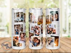 three cans with pictures on them sitting on a table