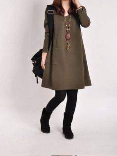 Long Sleeve Plain Pockets Casual Fall Dresses, Gray / L Casual Fall Dresses With Pockets, Khaki Dress For Fall, Khaki Fall Dress, Solid Color Khaki Fall Dress, Knee-length Khaki Dress For Fall, Khaki Knee-length Dress For Fall, Khaki Knee-length Fall Dress, Casual Khaki Dresses With Pockets, Fall Shift Dress With Pockets