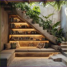 a living room filled with lots of furniture and plants on top of it's shelves