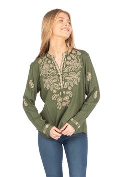 This boho top is made from 100% natural cotton, and features an exquisite floral paisley embroidery. The embroidery is inspired by ethnic Indian paisley motifs.Model is 5’8” - wearing size small. Model Bust: 34”Hand-wash cold, lay flat to dry.Made in India. Bohemian V-neck Top With Resham Embroidery, Green Tops With Resham Embroidery For Spring, Green Long Sleeve Tops With Resham Embroidery, Green Resham Embroidered Top For Spring, Bohemian Embroidered Top For Fall, Bohemian V-neck Embroidered Top With Chikankari, Casual Floral Embroidered Tunic Top, Green Long Sleeve Tops With Embroidered Neckline, Bohemian Embroidered Top With Chikankari And V-neck