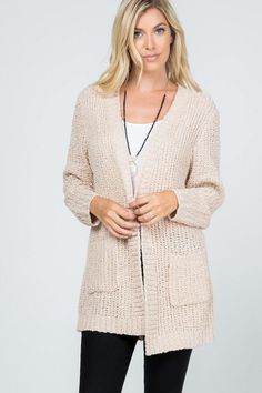 Audrie Loose Knit Classic Open Front Cardigan - Jolie Vaughan | Online Clothing Store in Baton Rouge Knit Outerwear For Everyday, Everyday Soft Knit Sweater Coat, Soft Knit V-neck Outerwear, Comfy Knit Outerwear For Layering, Knitted Outerwear For Everyday In Fall, Comfortable Soft Knit Outerwear For Layering, Trendy Textured Knit Beige Cardigan, Cream Textured Knit Cardigan For Fall, Cozy Stretch Sweater For Everyday