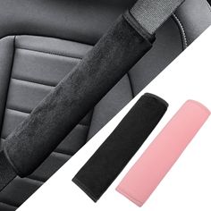 the seat belt and arm rest covers are shown in black, pink, and grey