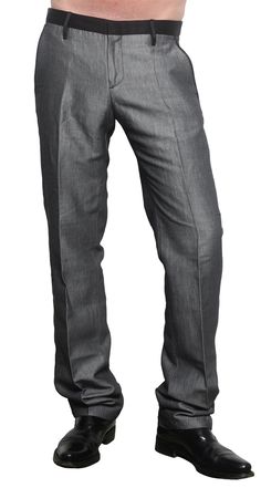 Italian label, Costume National has made these great tuxedo influenced pants with their grey base and black details. Check out the black satin trimmed waist with satin covered buttons. Looks great paired with a white or black dress shirt.