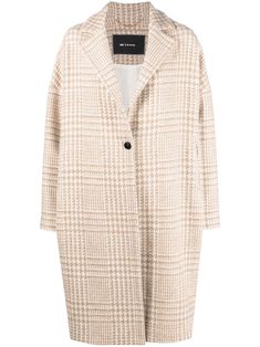 beige/white virgin wool blend/silk houndstooth pattern front button fastening notched lapels long sleeves central rear vent straight hem knee-length Single Breasted Coat, Houndstooth Pattern, Outerwear Coats, Sport Coat, Outerwear Women, Single Breasted, Wool Blend, Knee Length, Long Sleeves