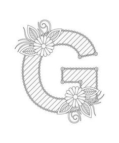 the letter g with flowers and leaves is shown in this embroidery pattern, which has been drawn