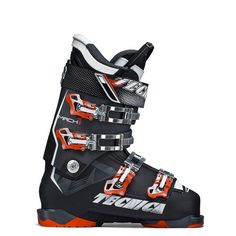 a pair of black and orange ski boots