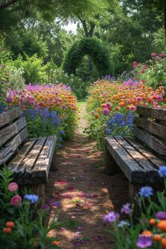 a pathway lined with wooden benches surrounded by colorful flowers