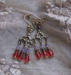 Gold Dangle Earrings / Swarovski / Padparadscha / Lt. Amethyst | Etsy Ornate Purple Dangle Earrings, Gold Dangle Earrings, Gold Filled Earrings, Swarovski Earrings, Gold Earrings Dangle, Ear Wire, Gold Filled, Dangle Drop Earrings, Dangle Earrings