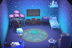 the room is decorated in blue and purple with stars on the ceiling, bedding, desks, television, and other items