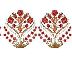 two floral designs with red and orange flowers on white background, one in the center