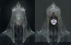 two images of a woman wearing a veil with her face covered in white makeup and hair