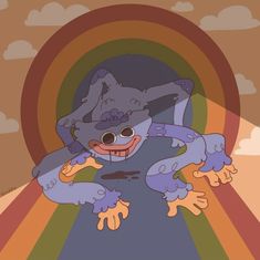 a cartoon character is running down a rainbow colored path with his hands in the air