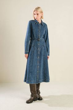 A washed denim midi dress featuring shirt collar, long sleeve, button down with self belt and full skirt 92% COTTON 8%POLYESTER Flying Tomato Dress, Denim Midi Dress, Boutique Collection, Flying Tomato, Trendy Collection, Washed Denim, Trendy Dresses, Shirt Collar, Full Skirt