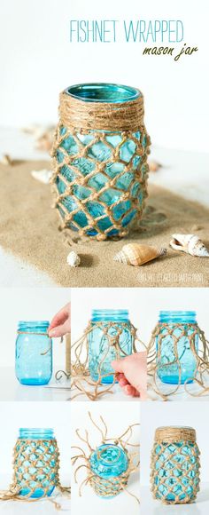 Toples Kaca, Mason Jar Projects, Blue Mason Jars, Diy Jar Crafts, Mason Jar Crafts Diy, Jar Diy, Beach Crafts, Apple Inc, Lilo Stitch