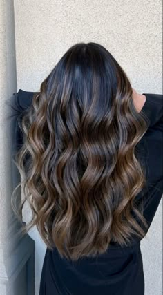 Black Hair With Honey Blonde Highlights, Brown Balayage Black Hair, Black Hair With Caramel Balayage, Brown Highlights On Dark Brown, Espresso Martini Hair, Dark Bayalage, Hair Colouring Ideas, Light Black Hair