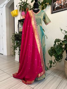 Pure handloom chanderi tissue long frock, handloom single munia paithani border for neck and hands with maggam work. Paired up with dola silk duppatta Size: 36 to 40 Length: 53 Semi-stitched Paithani Silk Dupatta For Puja, Slub Silk Salwar Kameez With Zari Work For Puja, Chanderi Handloom Wedding Dress, Handloom Chanderi Wedding Dress, Pink Katan Silk Anarkali Set With Traditional Drape, Wedding Chanderi Handloom Dresses, Traditional Pink Katan Silk Anarkali Set, Traditional Chanderi Handloom Dress, Pink Katan Silk Kurta With Traditional Drape