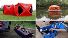 there are four different types of tents and boats in the water, including one with a kayak