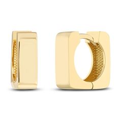 High polished square tubes are fashioned into chunky squares in these classic women's huggie earrings. Fashioned in 14K yellow gold, the earrings secure in place with hinged backs. Classic Rectangular Huggie Earrings For Everyday, Modern Yellow Gold Hinged Huggie Earrings, Everyday Gold Square Huggie Earrings, Classic Rectangular Hoop Earrings For Anniversary, Rectangular Yellow Gold Huggie Earrings Minimalist Style, Modern Rectangular Tarnish Resistant Huggie Earrings, Square Yellow Gold Jewelry With Polished Finish, Modern Tarnish-resistant Rectangular Huggie Earrings, Minimalist Yellow Gold Rectangular Huggie Earrings