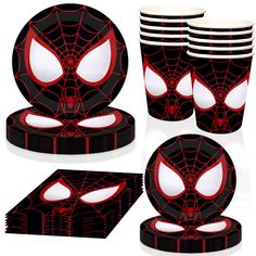 a spiderman party pack with plates, napkins and cups