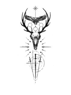 a black and white drawing of a deer's skull with arrows in the background