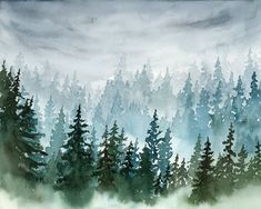 watercolor painting of pine trees in the fog