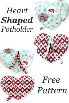 three heart shaped potholders are shown with the text, free pattern and instructions to make them