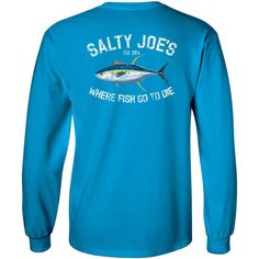 Salty Joe's Tuna Long Sleeve Fishing T Shirt - Joe's Surf Shop Pre-shrunk Long Sleeve Tops For Outdoor, Casual Crew Neck Shirt For Fishing, Casual Crew Neck Top For Fishing, Blue Pre-shrunk Long Sleeve Shirt, Cotton Tops With Fish Print For Fishing, Fish Print Crew Neck Top For Fishing, Long Sleeve Cotton T-shirt For Surfing, Surf Wear, Fishing T Shirts