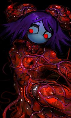 an image of a woman with purple hair and red eyes in a body painting style