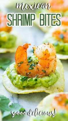 shrimp and guacamole on tortilla shells with cilantro sauce