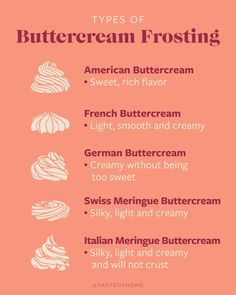 the types of buttercream frosting are shown in pink and orange colors, including white