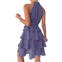 Light Purple Halter Sleeveless Ruffled Hem Mini Dress Casual Sleeveless Midi Dress With Ruffled Skirt, Sleeveless Ruffled Midi Sundress, Spring Sleeveless Midi Dress With Ruffled Skirt, Sleeveless Summer Midi Dress With Ruffled Skirt, Fitted Tiered Halter Dress With Ruffles, Sleeveless Pleated Ruffle Dress For Party, Fitted Sleeveless Pleated Ruffle Dress, Fitted Sleeveless Ruffle Dress With Pleats, Chiffon Sleeveless Dress With Ruffles For Spring