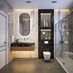 a modern bathroom with marble walls and flooring