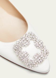 Manolo Blahnik Hangsi Satin Crystal-Buckle Ballerina Flats Elegant Embellished Flats For Formal Occasions, Elegant Embellished Formal Flats, Elegant Leather Flats With Rhinestones, Elegant Low Heel Flats With Rhinestones, Formal Embellished Flats With Low Heel, Elegant Low-heel Flats With Rhinestones, Elegant Closed Toe Flats With Rhinestones, Formal Closed Toe Flats With Rhinestones, Manolo Blahnik Flats