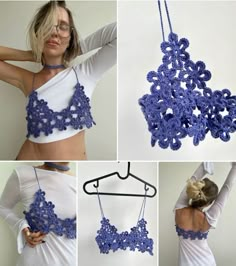 four pictures of different types of crocheted clothing and accessories, including a woman's bra