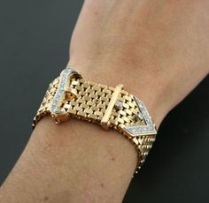 Retro Diamond Buckle Bracelet circa 1940 by EthicallyEnchanted, $9800.00 Elegant Gold Diamond Watch With Single Cut Diamonds, Elegant Diamond Jewelry With Box Clasp, Vintage Diamond Bracelet With Brilliant Cut For Formal Occasions, Vintage Gold Diamond Bracelet With Single Cut Diamonds, Vintage Yellow Gold Diamond Bracelet With Single Cut Diamonds, Formal Diamond Jewelry With Clasp, Retro Bracelet, Retro Era, Buckle Bracelet