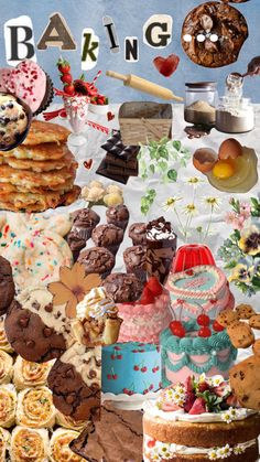 a collage of cakes, cookies and desserts with the word baking spelled in large letters