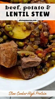 beef, potato and lentil stew in a white bowl with title text overlay