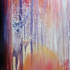 an acrylic painting of a deer in the woods