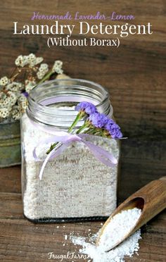 lavender lavender lemon laundry deterant without borax in a mason jar on a wooden table