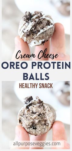 an oreo protein ball is being held up in front of the camera with text overlay