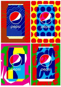 four different pepsi cans with colorful designs on them