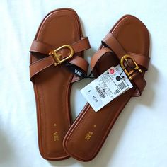 Never Worn Nwt Brown Leather Gold Buckle Slide Flat Sandal Crisscross Detailing Pricing Negotiable Within Reason Zara Gold, Sandals Flat, Zara Shoes, Flat Color, Brown Gold, Flat Sandals, Slide Sandals, Capsule Wardrobe, Women's Shoes Sandals