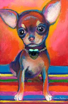 a painting of a small chihuahua dog wearing a bow tie and sitting in front of an orange background