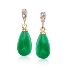 Ross-Simons - Jade Teardrop Earrings With Diamond Accents in 14kt Yellow Gold - #876624 Black Onyx Hoop Earrings, Simple Leather Bracelet, Coral Drop Earrings, Jade Jewellery, Fish Pendant Necklace, Emerald Earrings Drop, Jade Bead Necklace, Emerald Earrings Studs, High Jewellery