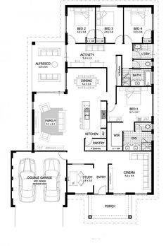 the floor plan for a two story house with three car spaces and an attached garage