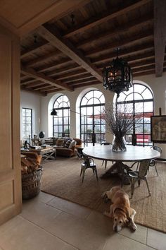 a dog laying on the floor next to a table in a room with large windows