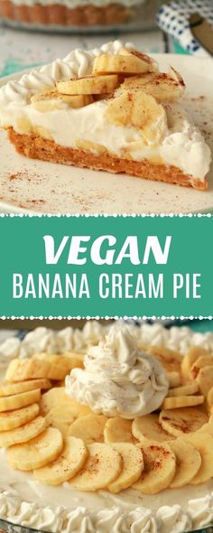 vegan banana cream pie with whipped cream on top and bananas in the bottom half