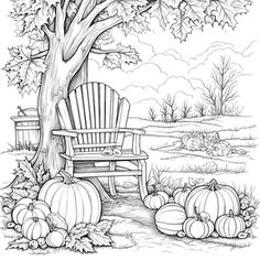 a drawing of a chair under a tree with pumpkins