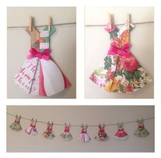 two pictures with clothes hanging on clothes pins and some paper decorations attached to clothes pins